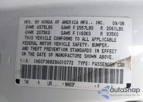 2009 Honda Accord 3.5 Ex-L из США, поврежденный, VIN 1HGCP36829A010772